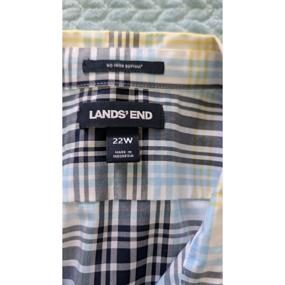 Lands End No Iron Supima Shirt Sz 22W Blue Yellow Plaid Long Sleeve Cotton - Picture 7 of 7